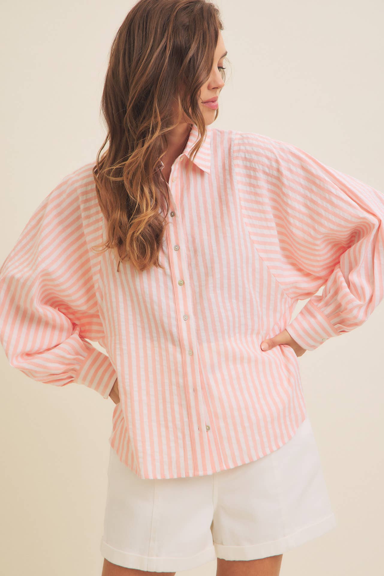 VOLUMINOUS SLEEVED BUTTON-DOWN COTTON STRIPE SHIRT