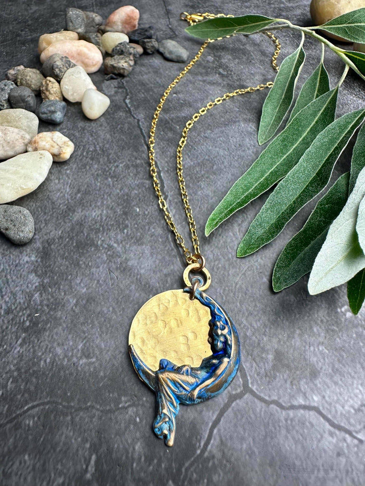 Moon Goddess Necklace, Celestial Brass Pendant with Blue Pat
