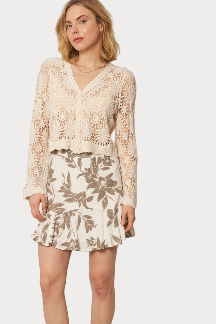Daisy Crochet Cardigan | Cream V-Neck Button-Front Sweater