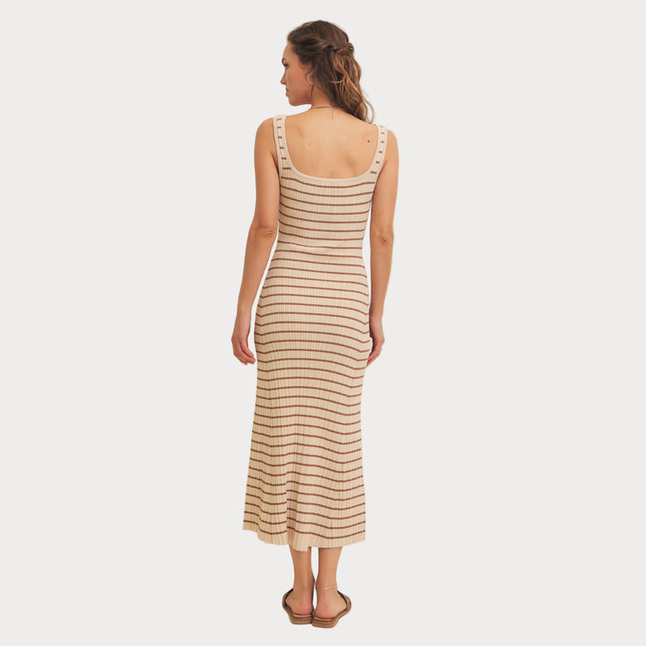 Striped Ribbed Knit Dress | Cream & Brown Midi Sweater Dress