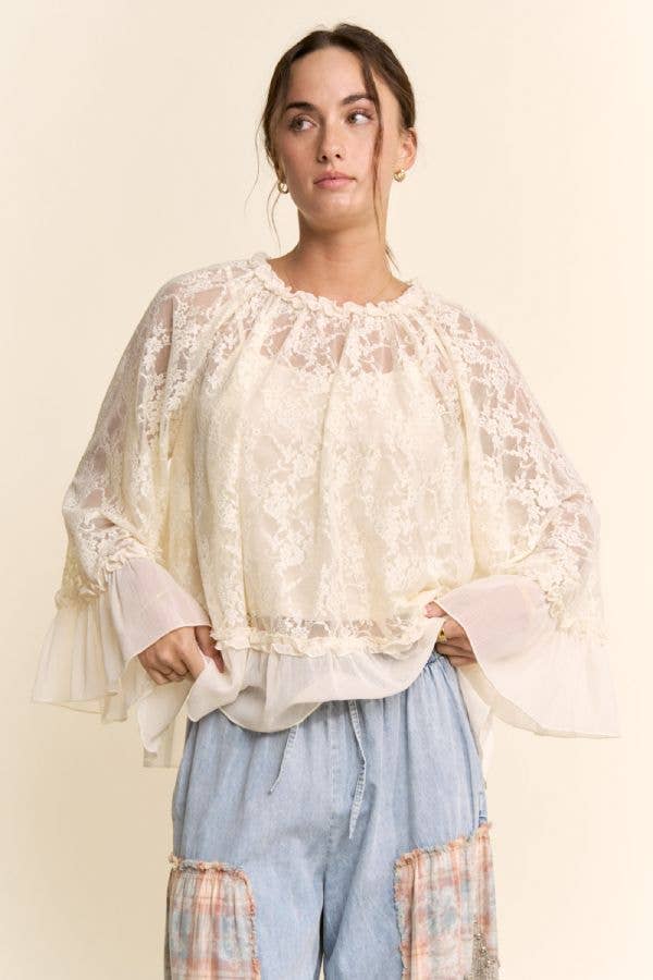 Sheer Lace Bell Sleeve Blouse