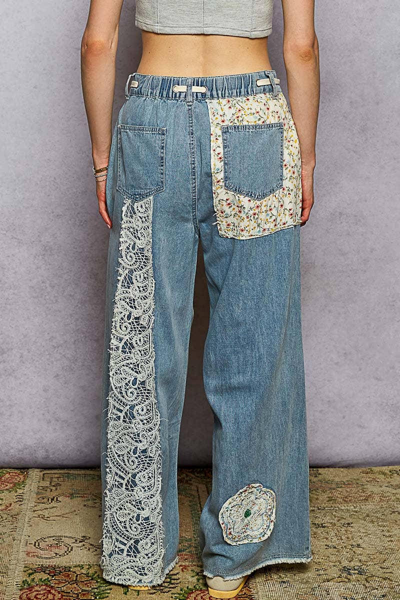 Drawstring Floral Patch Denim Pants – Effortless Boho Denim