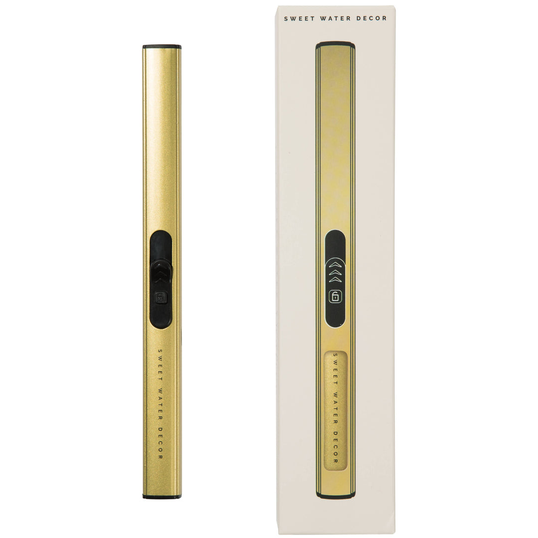 Gold LED lighter with packaging on a white background