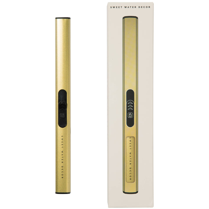 Gold LED lighter with packaging on a white background