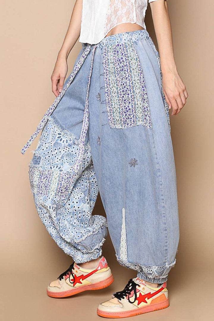 Floral print Patchwork Twill Joger Pants