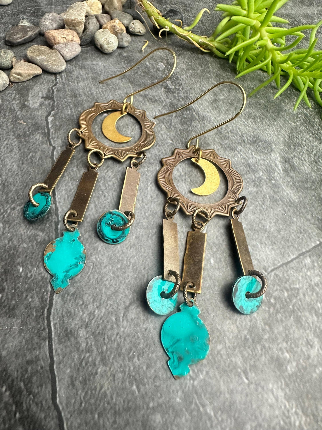 Celestial Moon Earrings Turquoise Patina Brass Chandelier Da