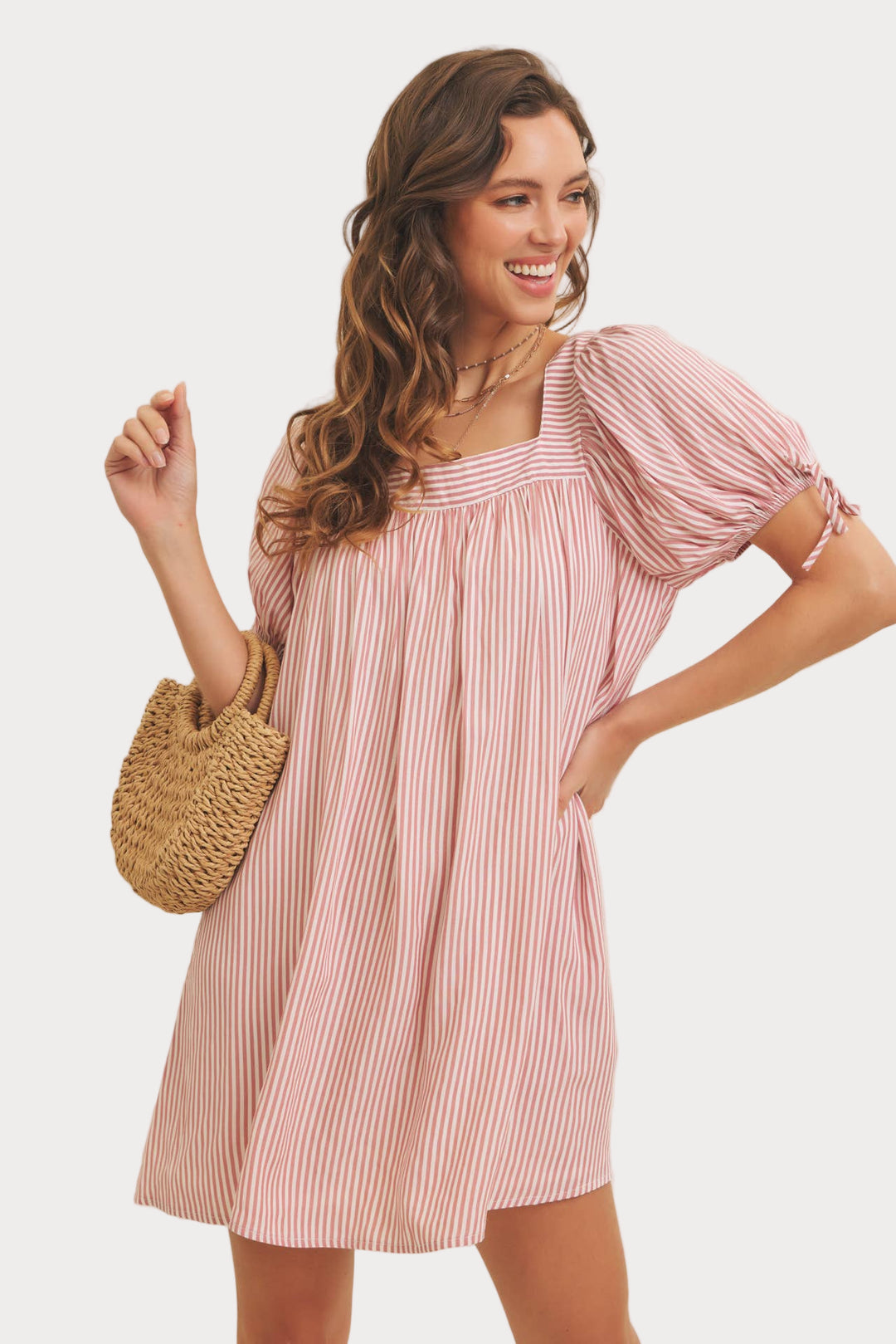 Striped Puff Sleeve Mini Dress | Red & White Square Neck Babydoll Dress