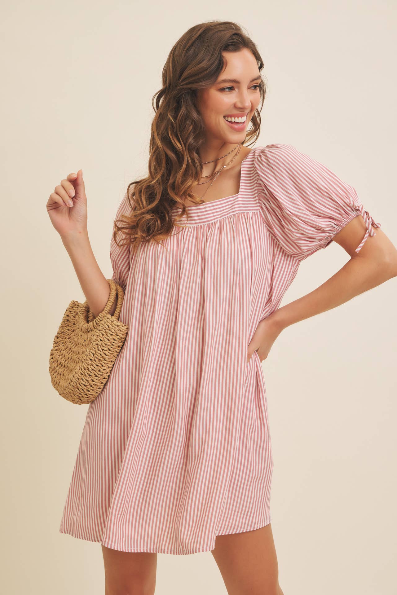 Square Neck Stripe Flare Mini Dress