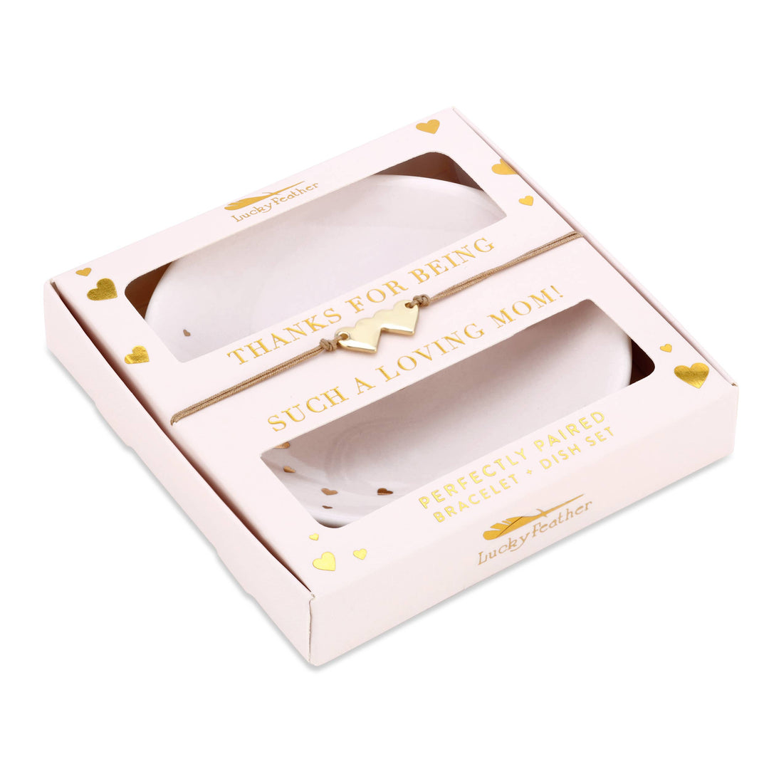 Mother of the Bride bracelet and trinket dish gift set with heart accents and blush pink gift packaging