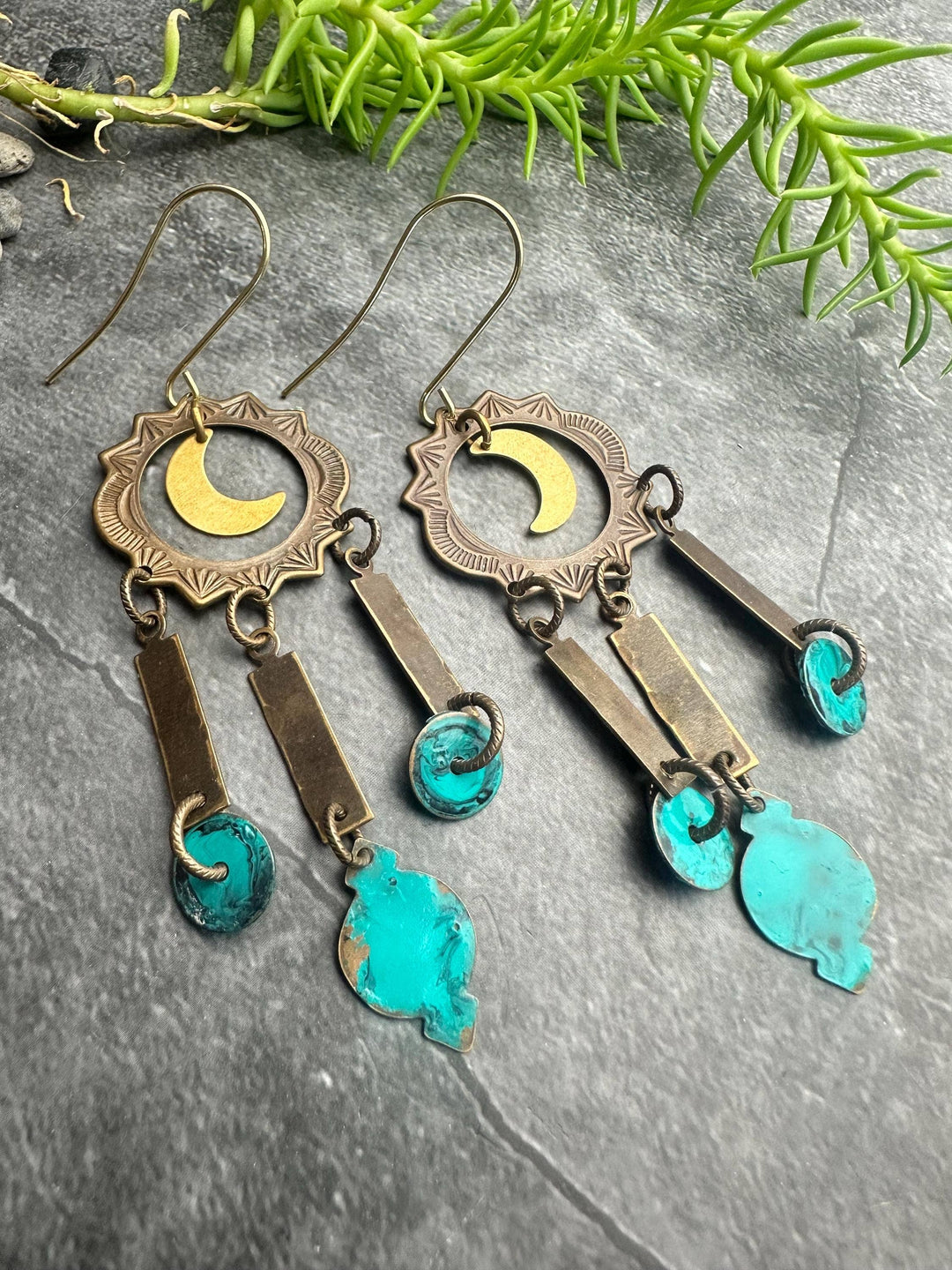 Celestial Moon Earrings Turquoise Patina Brass Chandelier Da
