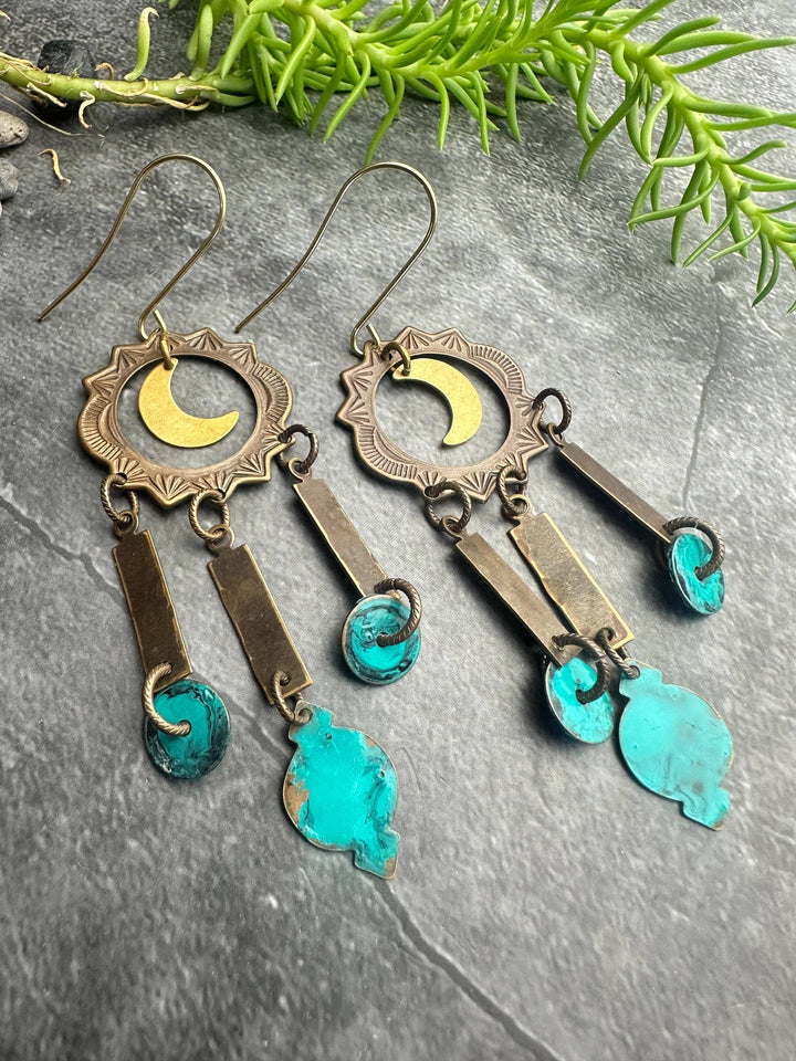 Celestial Moon Earrings Turquoise Patina Brass Chandelier Da