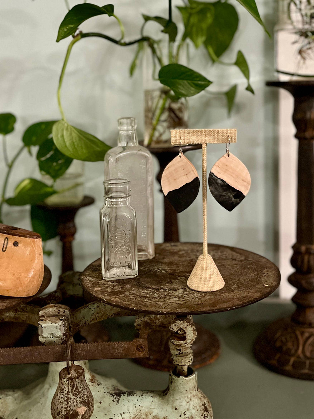 Handcrafted Curly Maple Statement Wood & Resin Earrings featuring rare curly maple wood, black resin accents, and hypoallergenic stainless-steel hooks.