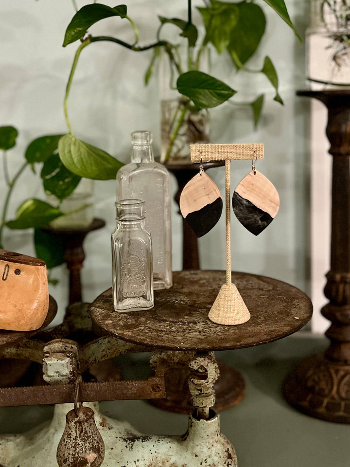 Handcrafted Curly Maple Statement Wood & Resin Earrings featuring rare curly maple wood, black resin accents, and hypoallergenic stainless-steel hooks.