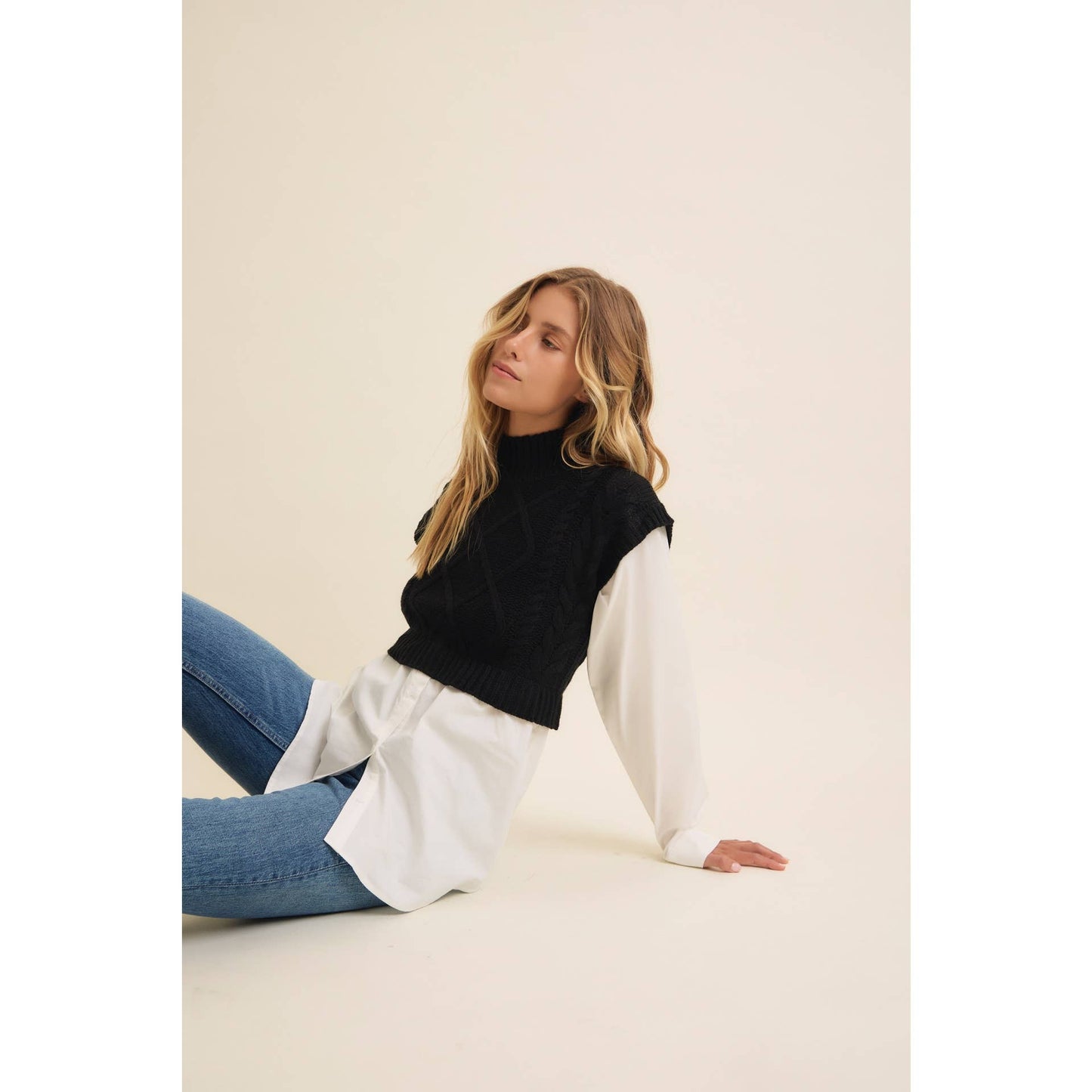 MOCK NECK SWEATER WITH CONTRAST BUTTON-DOWN SHIRT