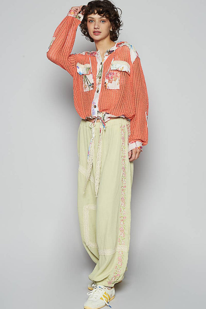 Boho Chic Lilac Mesh Button-Up Top with Floral Patchwork Detail