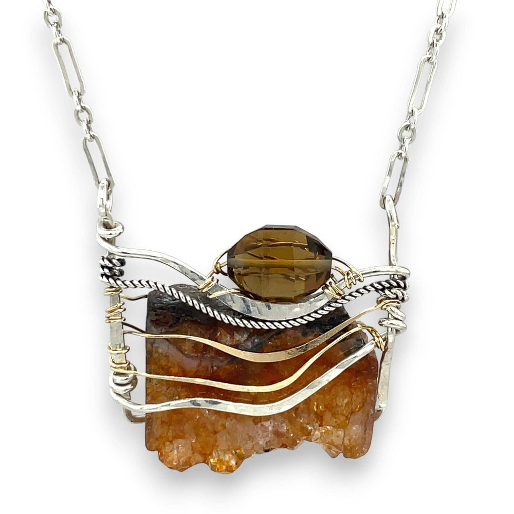 Honey Hessonite gemstone necklace with raw-edge amber stone, smoky quartz, hammered sterling silver and gold-filled wire