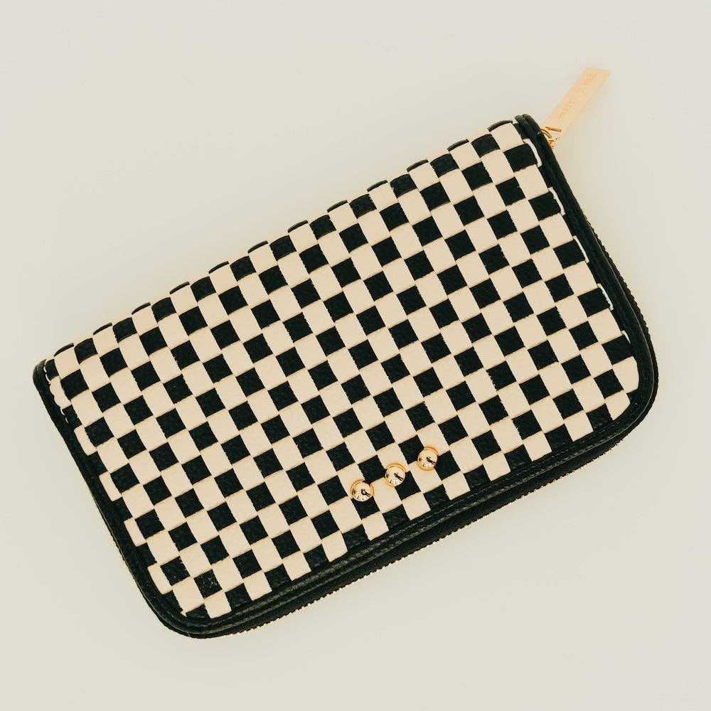 Large woven vegan leather zip wallet with black & white checkered design, organized interior compartments, and clutch-style silhouette.