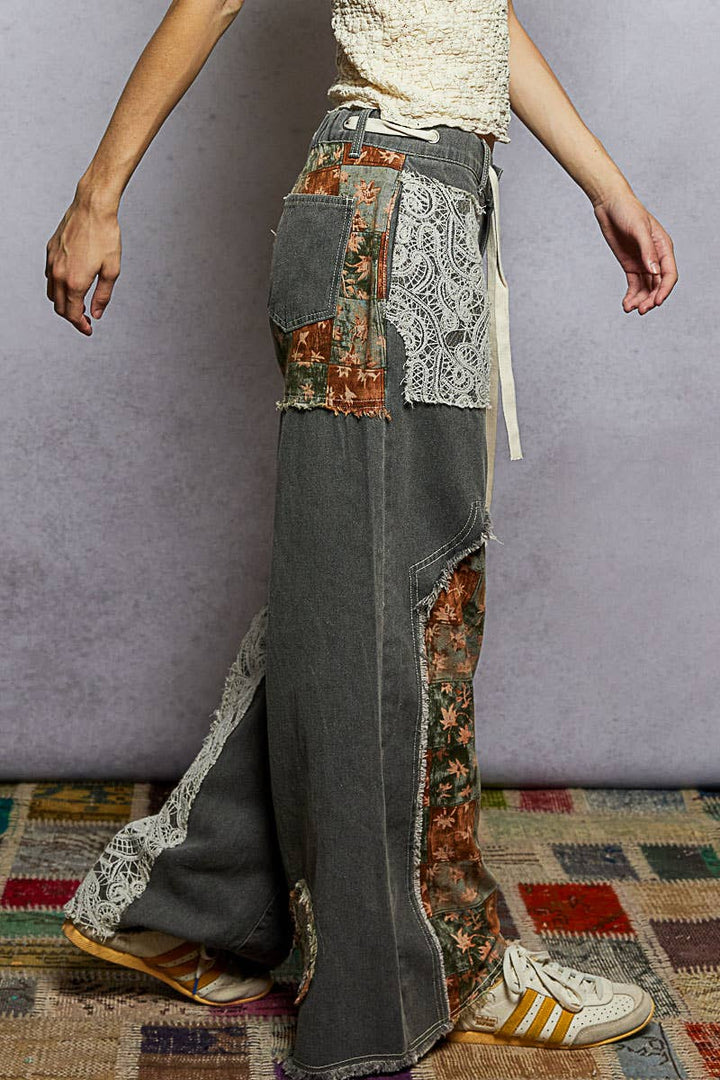 Drawstring Floral Patch Denim Pants – Effortless Boho Denim