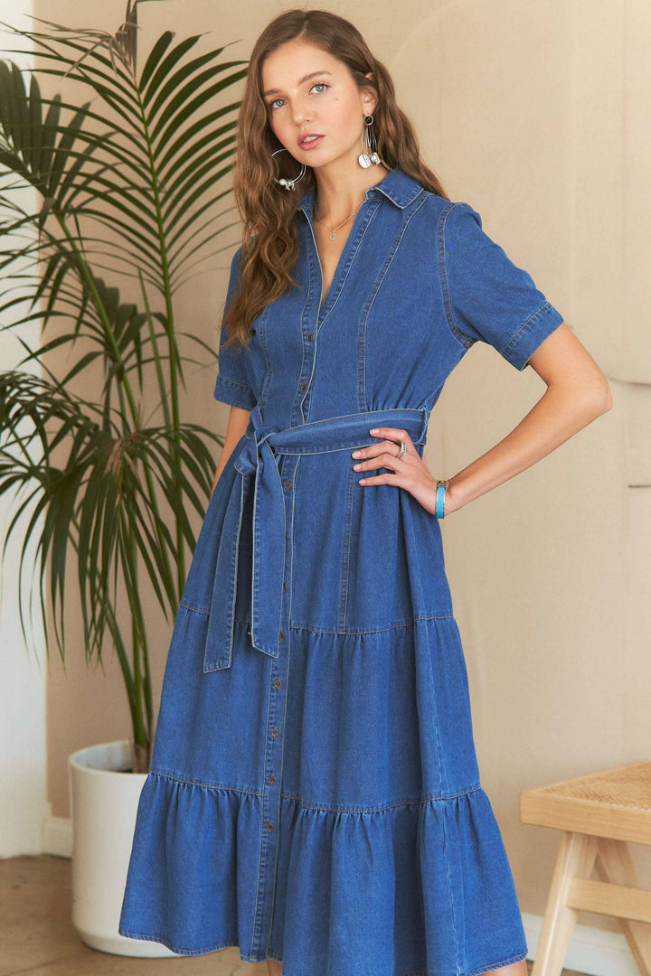 The Harper Belted Denim Midi Dress | Casual & Classic