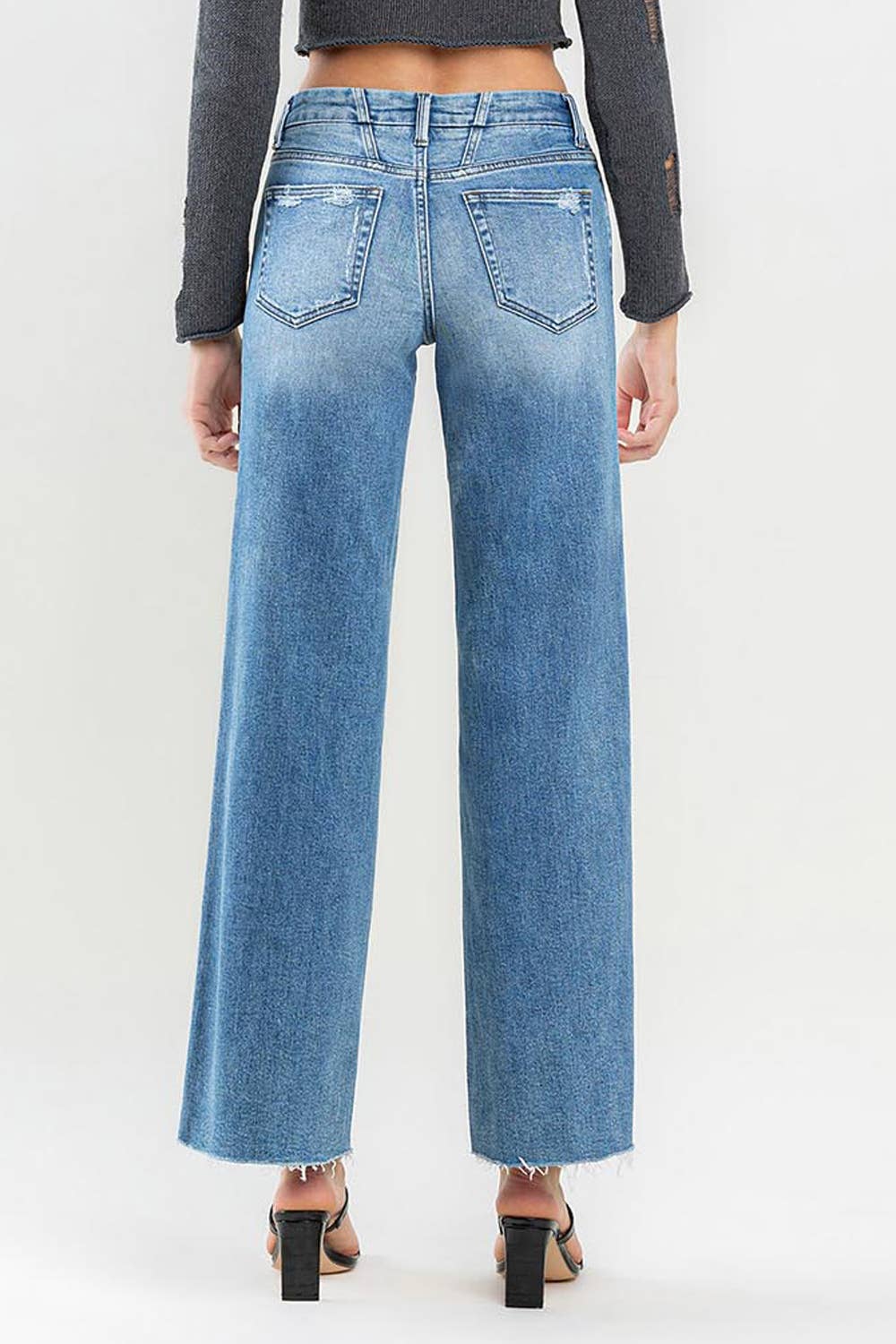 Olivia - Mid Rise Clean Cut Raw Hem Wide Jeans