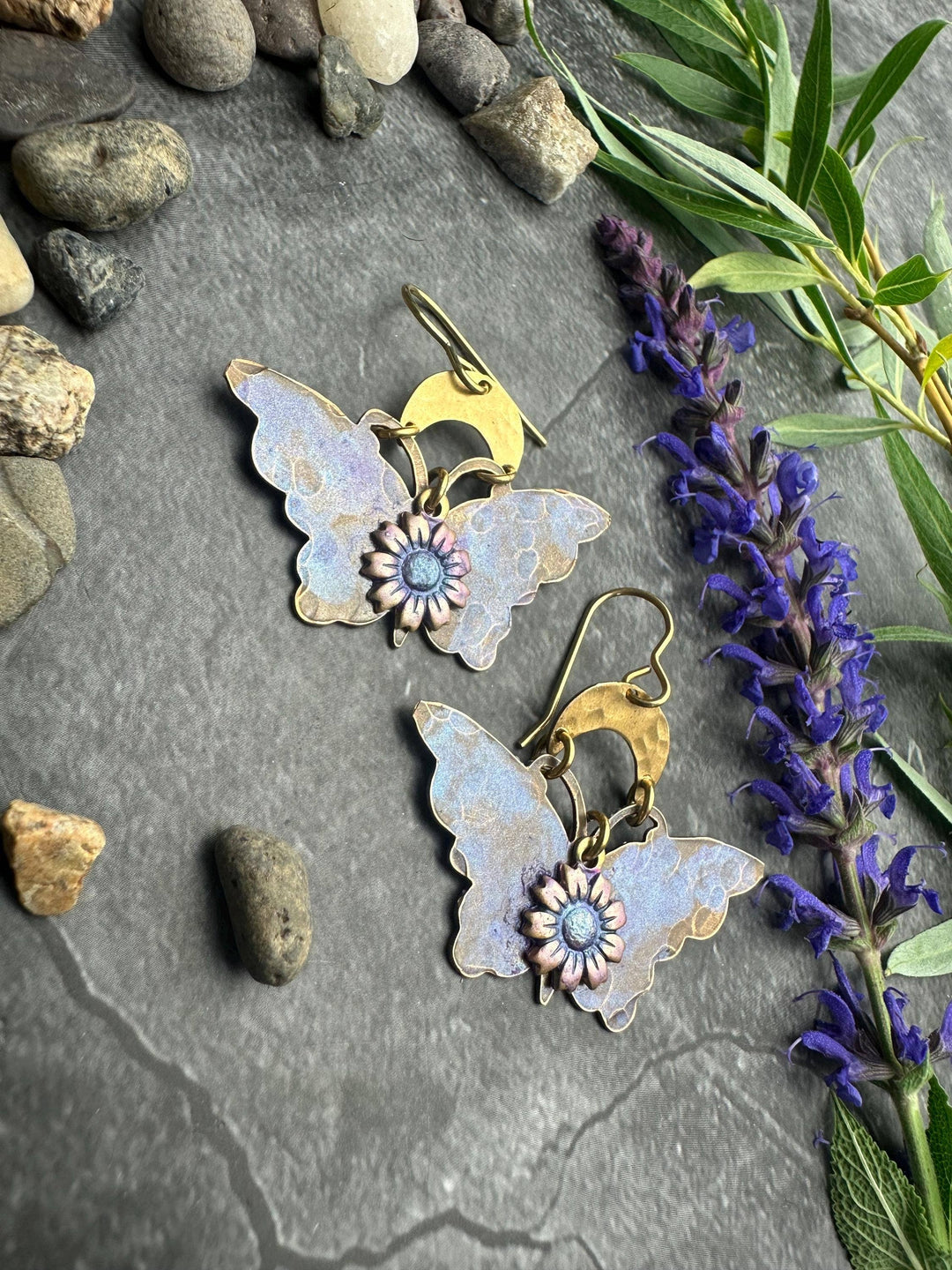Lavender Butterfly Earrings Floral Brass Dangles Fairycore
