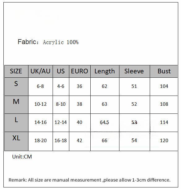 Size chart for fabric with acrylic 100% content, showing measurements in UK/AU, US, EURO, length, sleeve, and bust.