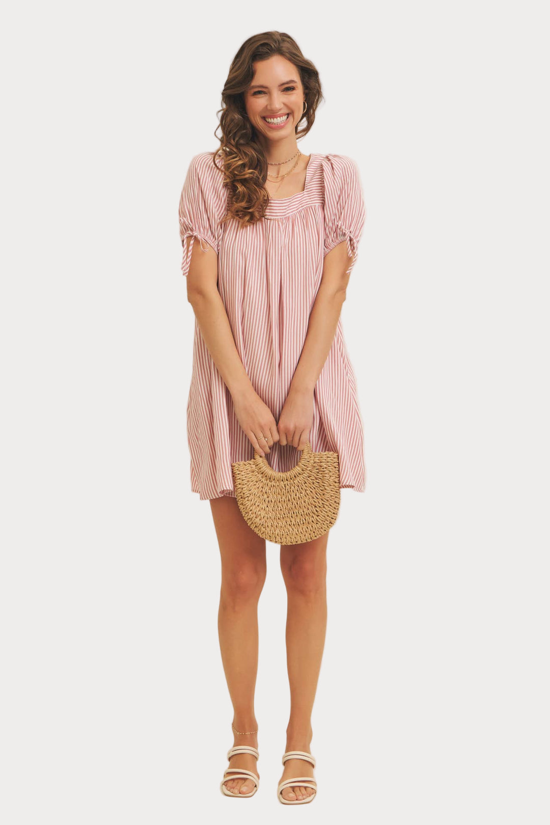 Striped Puff Sleeve Mini Dress | Red & White Square Neck Babydoll Dress