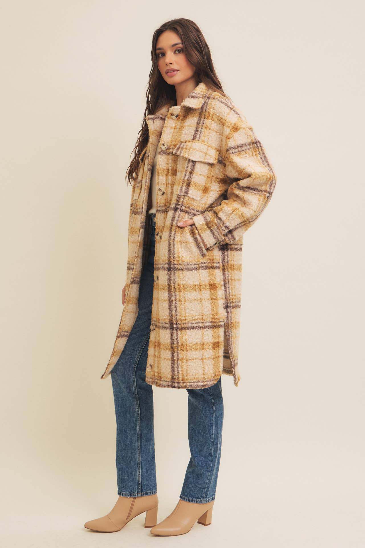 WESTERN PLAID BOUCLE OVERSIZED SHACKET WITH POCKETS