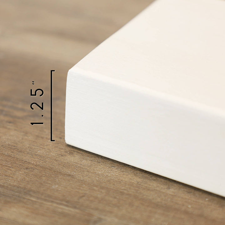 White corner protector on a wooden surface with a measurement label indicating 1.25 inches.