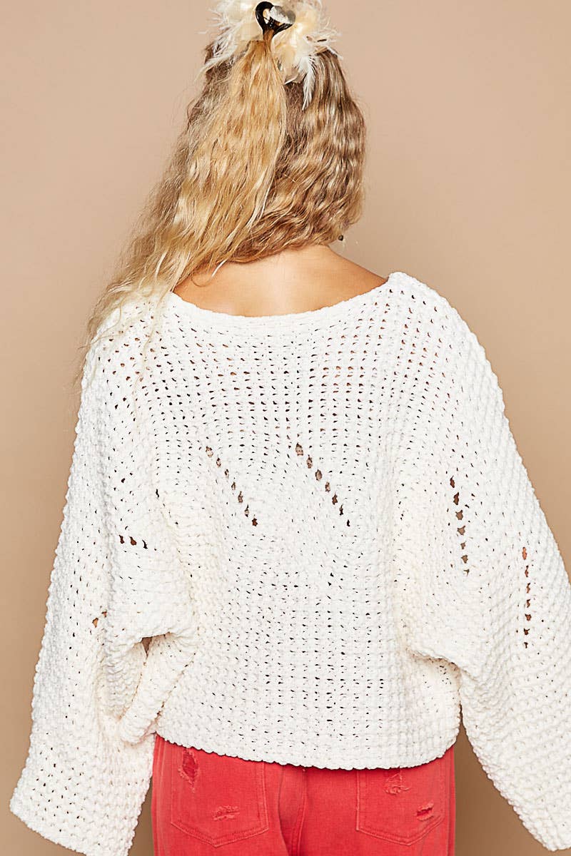 Round neck semi cropped chenille solid sweater SALE