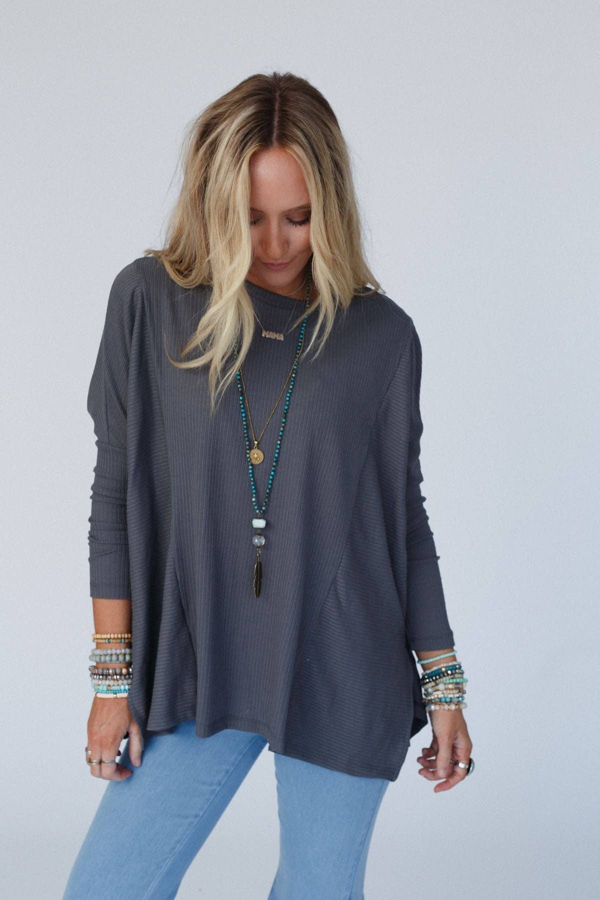 Rosemary Contrast Long Sleeve Top - Charcoal