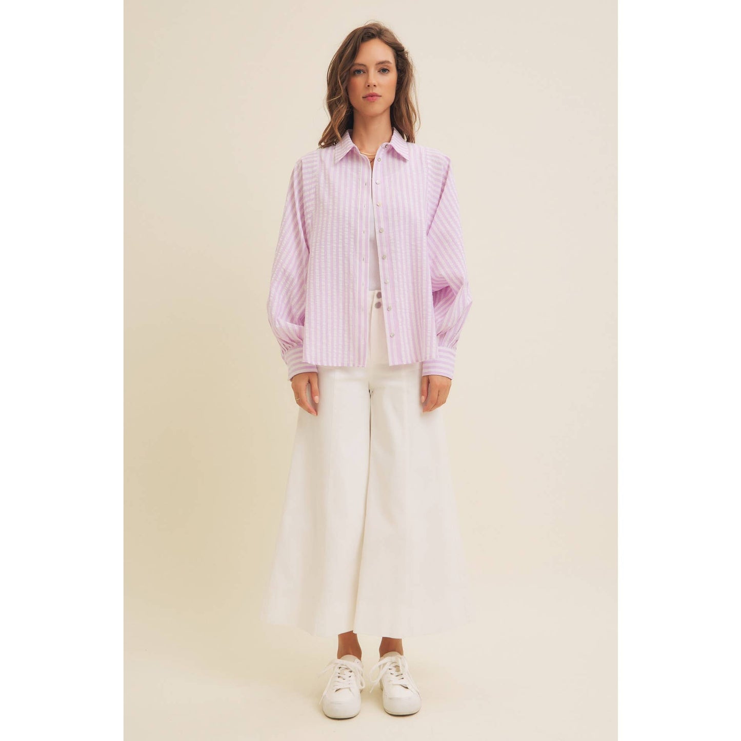 VOLUMINOUS SLEEVED BUTTON-DOWN COTTON STRIPE SHIRT