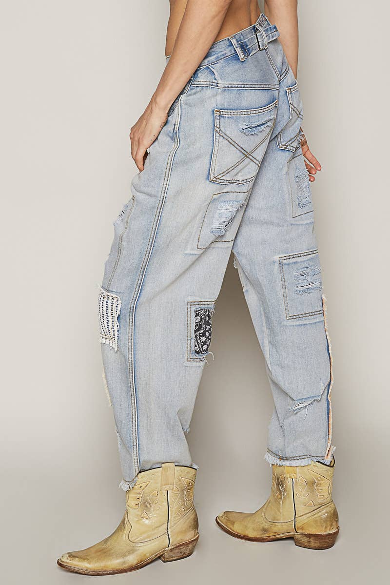 Patch work detail ankle length denim pants