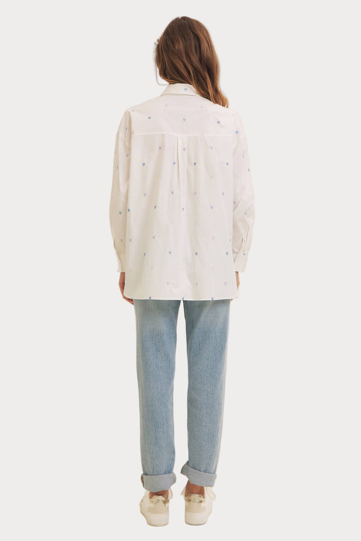 Heart Embroidered Button-Down Shirt | White with Pastel Details