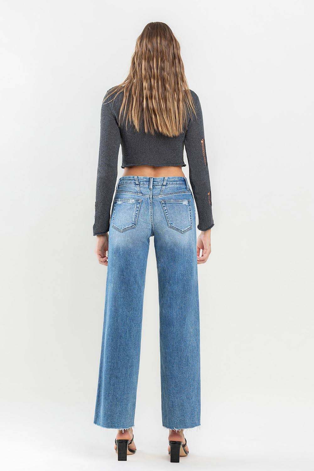 Olivia - Mid Rise Clean Cut Raw Hem Wide Jeans