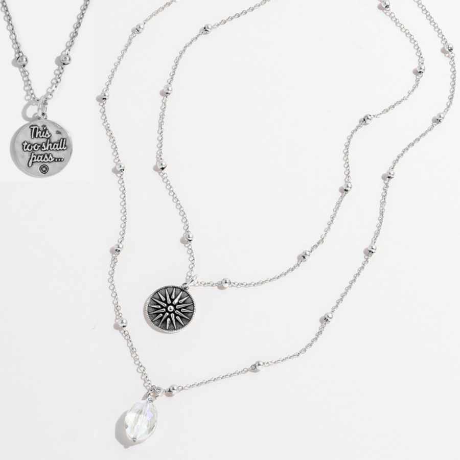 Katia Designs This Too Shall Pass crystal pendant necklace with silver beaded chain and clear faceted crystal