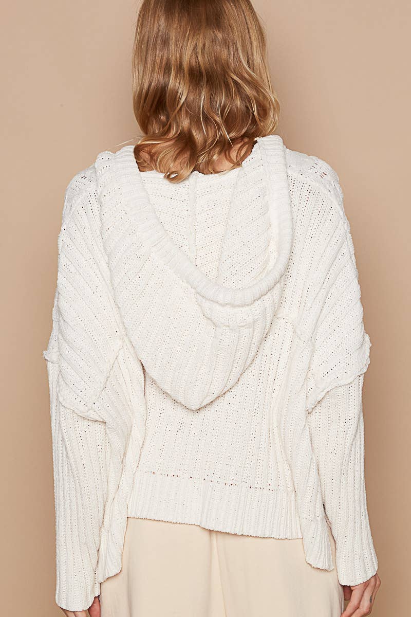 Hooded v-neck contrast rib weave sleeves pullover sweater