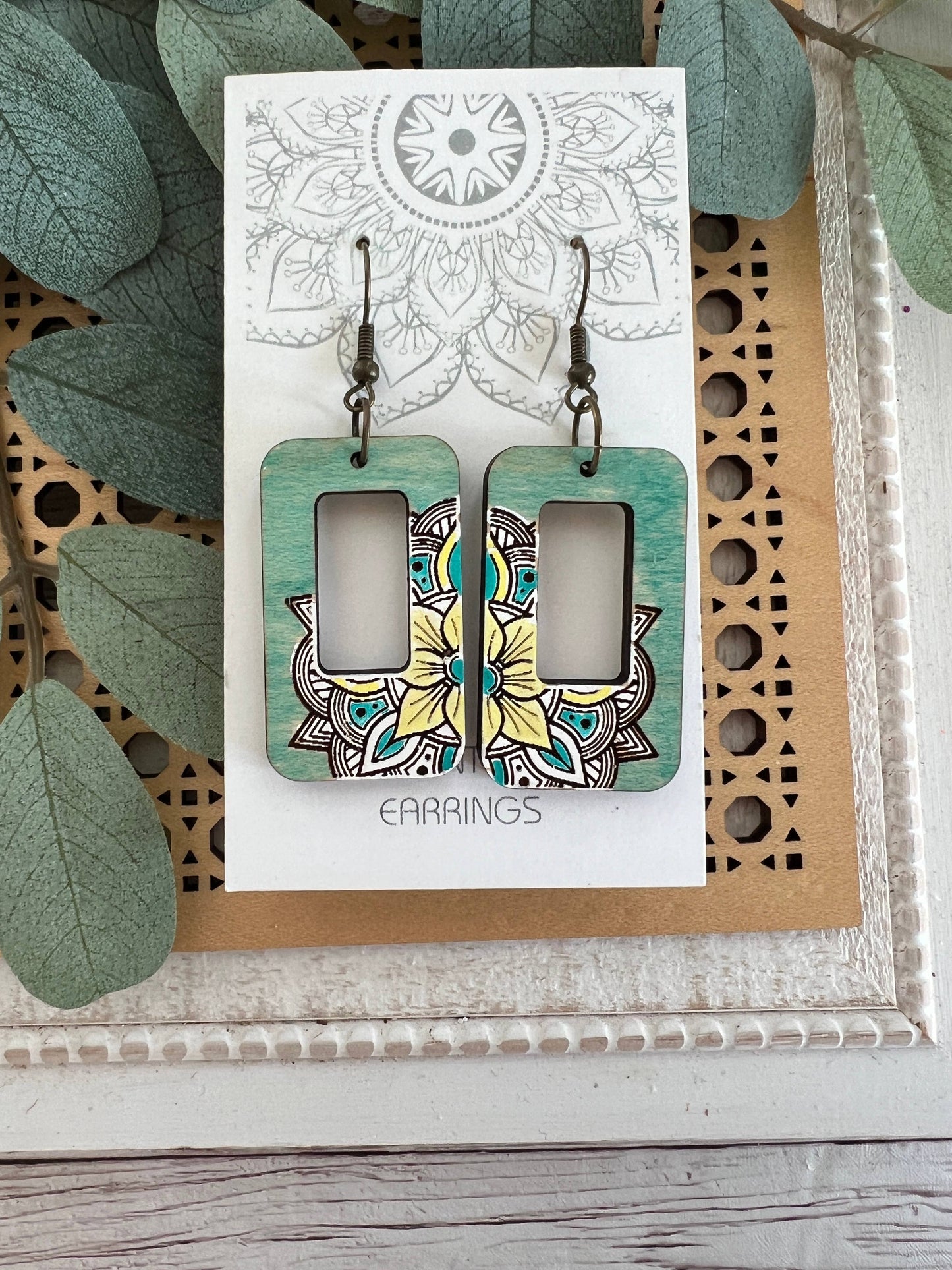 Wooden Earrings - Rectangle Aqua & Yellow Mandala