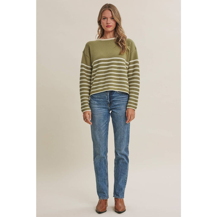 COZY CABIN CONTRAST STRIPE RELAXED SWEATER TOP