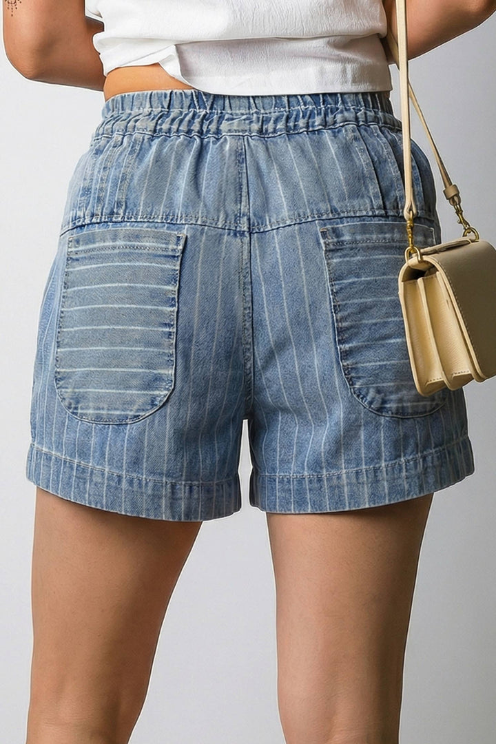 striped paperbag denim shorts drawstring waist blue stripe shorts casual summer boutique style