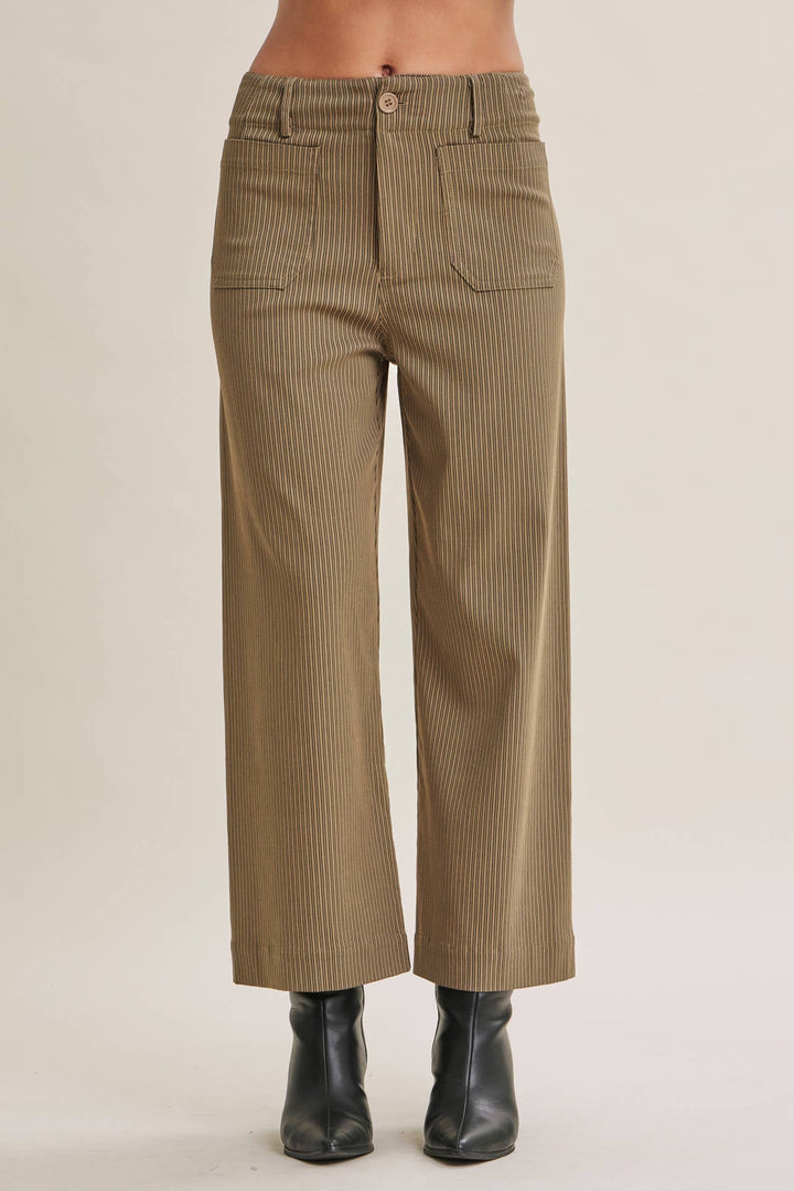 The Avery brown pinstripe ankle pants with straight-leg fit, front pockets and button closure