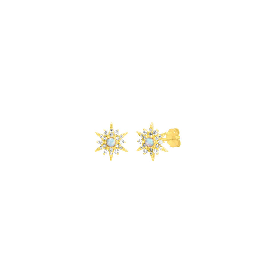 Gold starburst opal stud earrings with cubic zirconia accents.