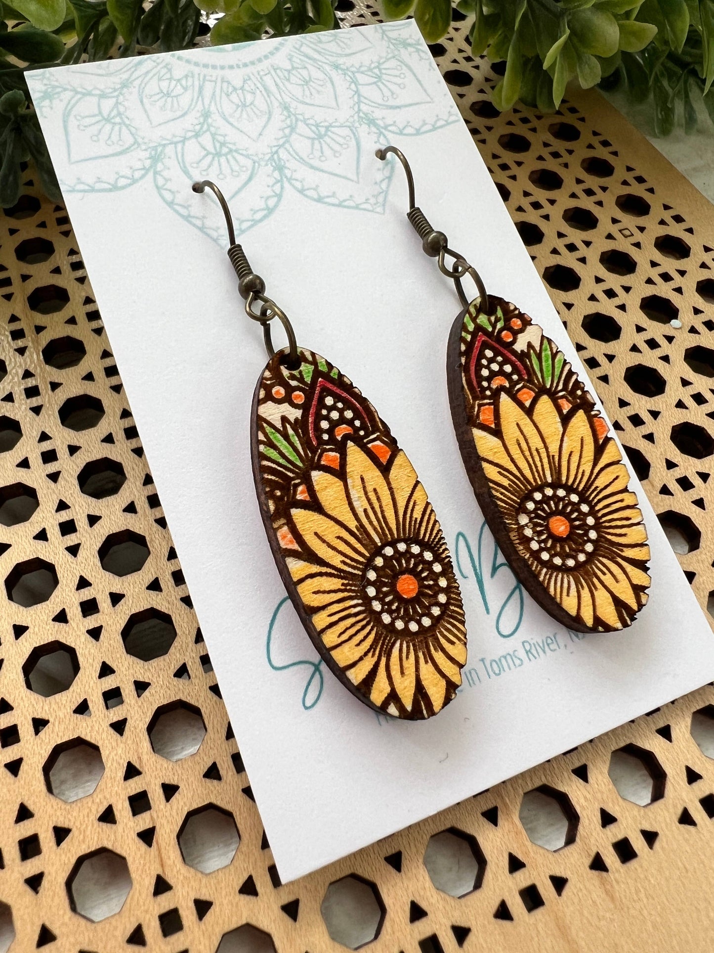 Wooden Earrings - Sunflower Mandala Oval