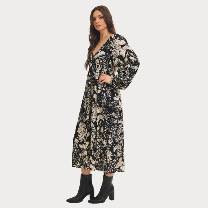 Black Floral Print Midi Dress | Long Bishop Sleeve Boho Dress
