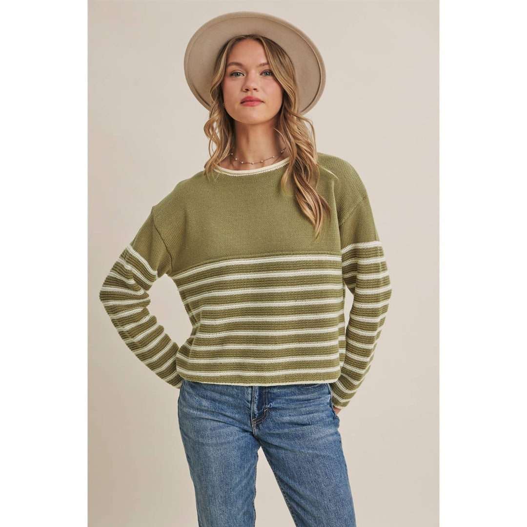 COZY CABIN CONTRAST STRIPE RELAXED SWEATER TOP