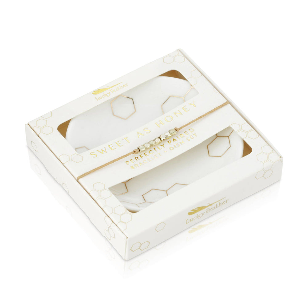 Sweet as Honey bracelet and trinket dish gift set with white and gold honeycomb design