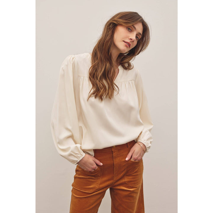 Split Neck Balloon Sleeve Blouse