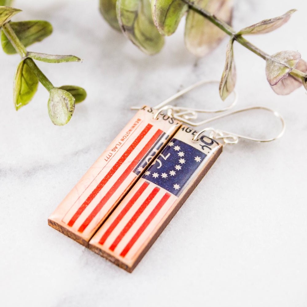 Vintage Bennington flag U.S. postage stamp wooden earrings with red white and blue design and sterling silver ear wires
