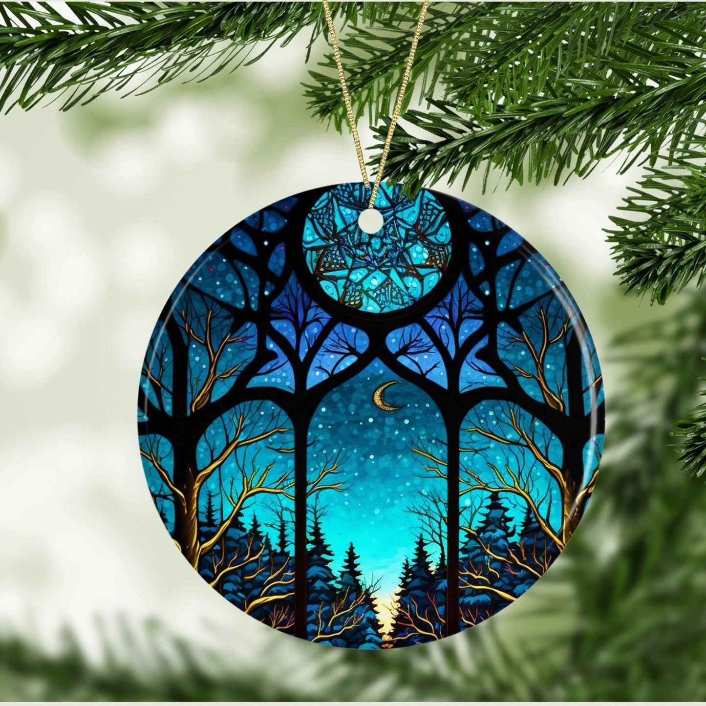 Winter Night Ceramic Ornament with Stained Glass Design