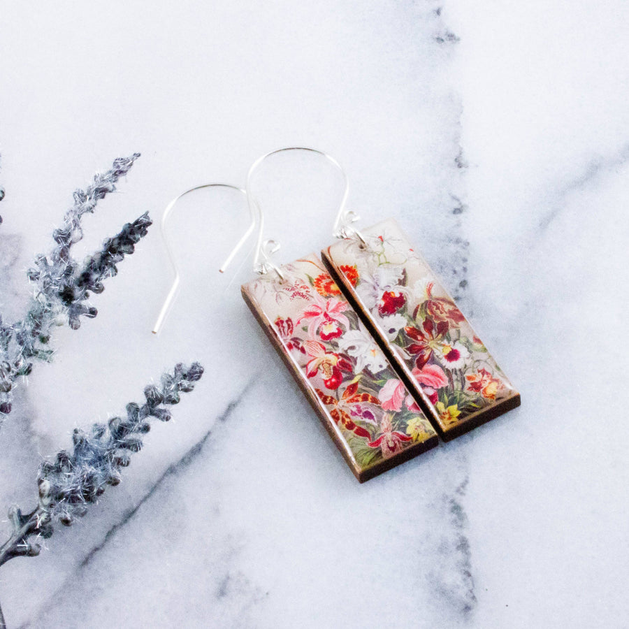 Vintage botanical iris rectangle wooden earrings with pink burgundy and cream floral artwork and sterling silver ear wires
